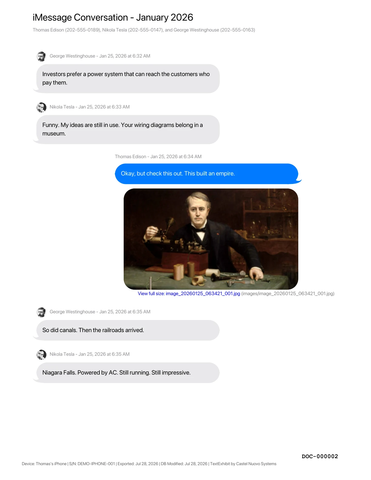 Second page of a fictional iPhone text-message PDF export with timestamps, an image attachment, and Bates number