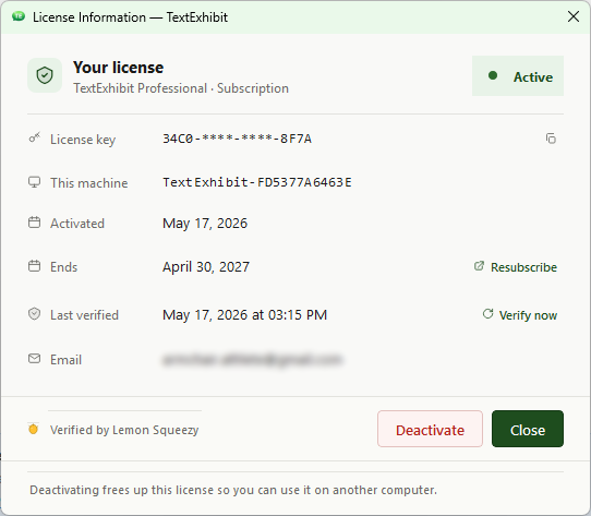 TextExhibit License Status dialog
