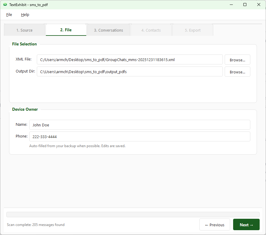 TextExhibit wizard File tab showing Android XML selection and Device Owner fields