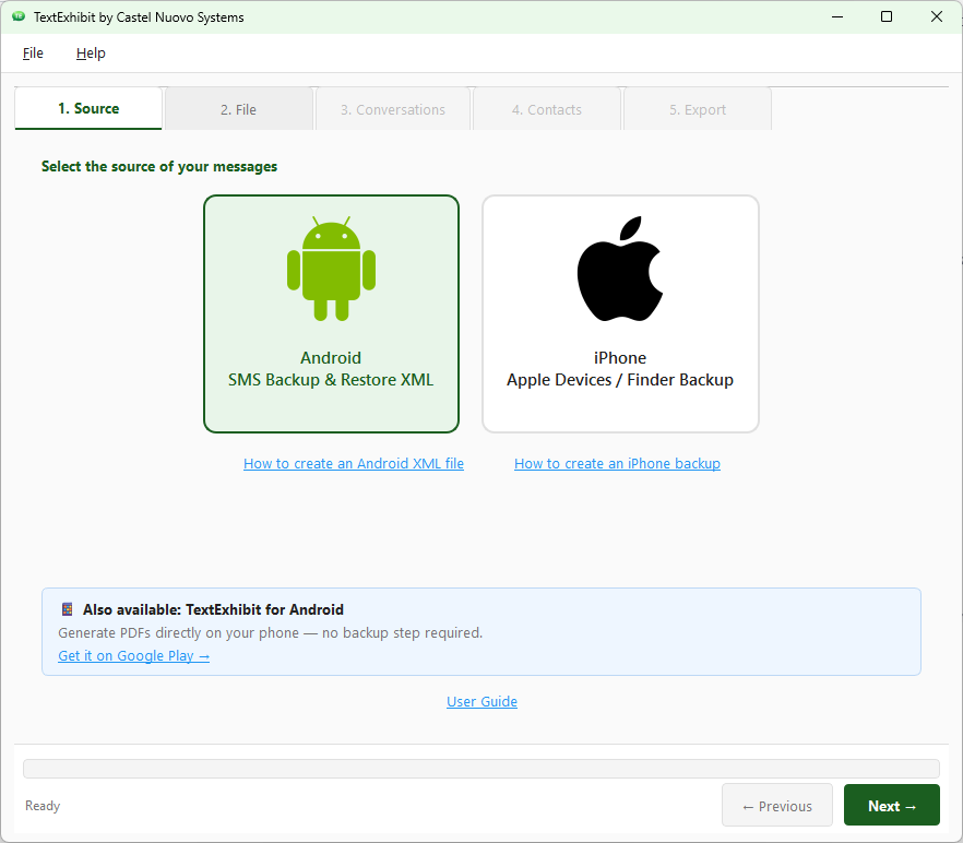 TextExhibit wizard Source tab with Android selected
