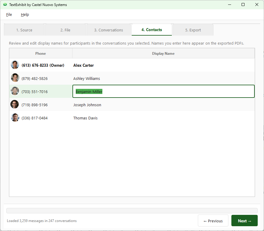 TextExhibit wizard Contacts tab showing display name editing