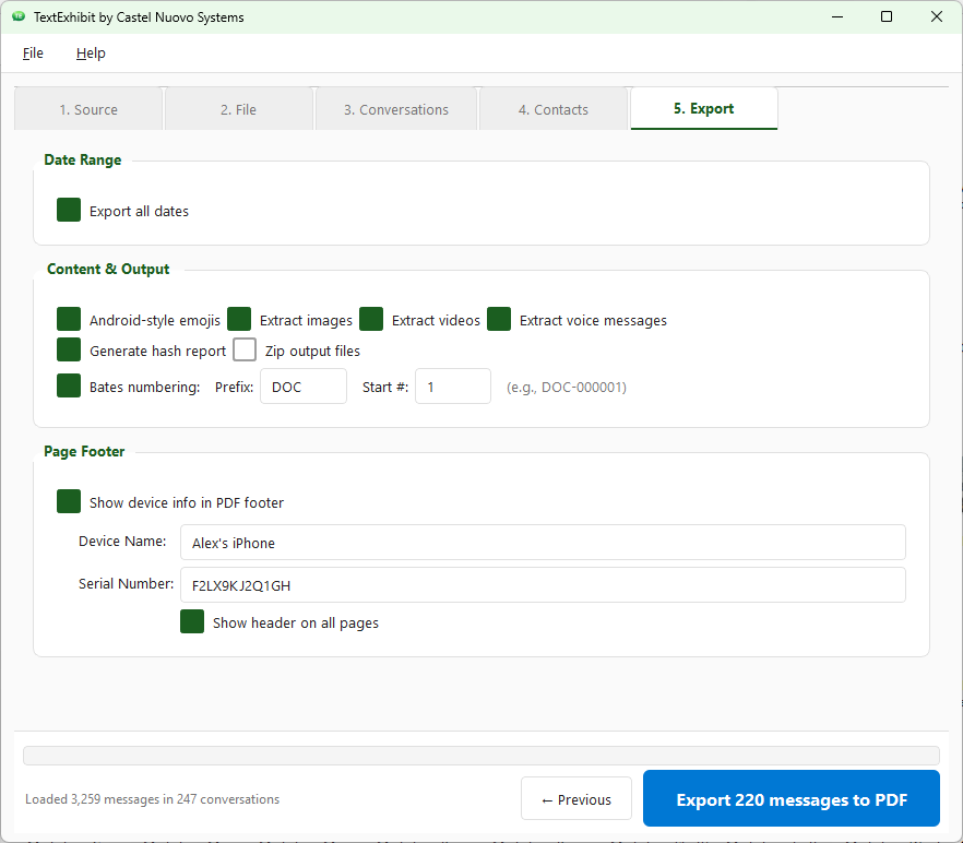 TextExhibit desktop app showing the 5-step wizard with Source, File, Conversations, Contacts, and Export tabs