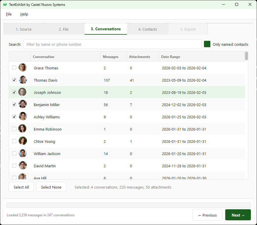 TextExhibit desktop app showing the 5-step wizard with Source, File, Conversations, Contacts, and Export tabs