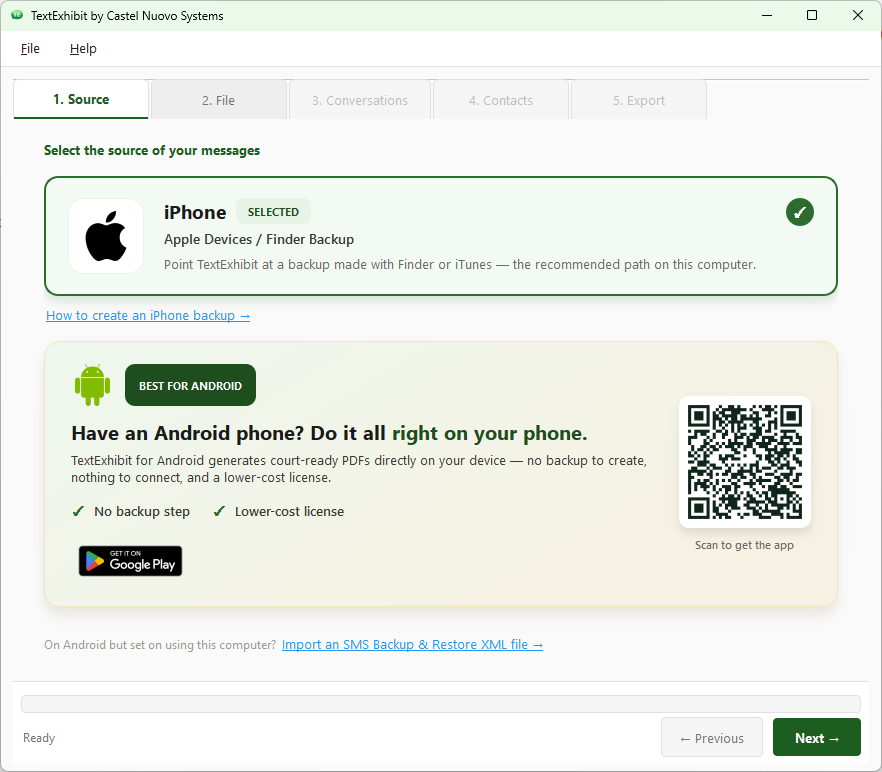 TextExhibit desktop app showing the 5-step wizard with Source, File, Conversations, Contacts, and Export tabs